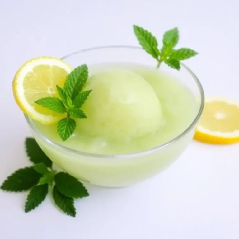 A refreshing bowl of green tea citrus sorbet garnished with fresh mint leaves and lemon zest, served in a chilled dessert dish.