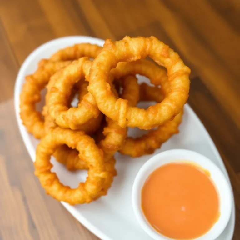 A basket of golden-brown, crispy homemade onion rings stacked and ready to be enjoyed.