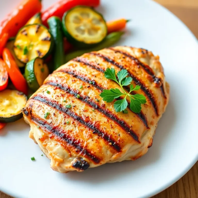 A platter featuring juicy grilled chicken breasts seasoned with herbs, accompanied by a medley of colorful grilled vegetables such as bell peppers, zucchini, and cherry tomatoes, garnished with fresh parsley.