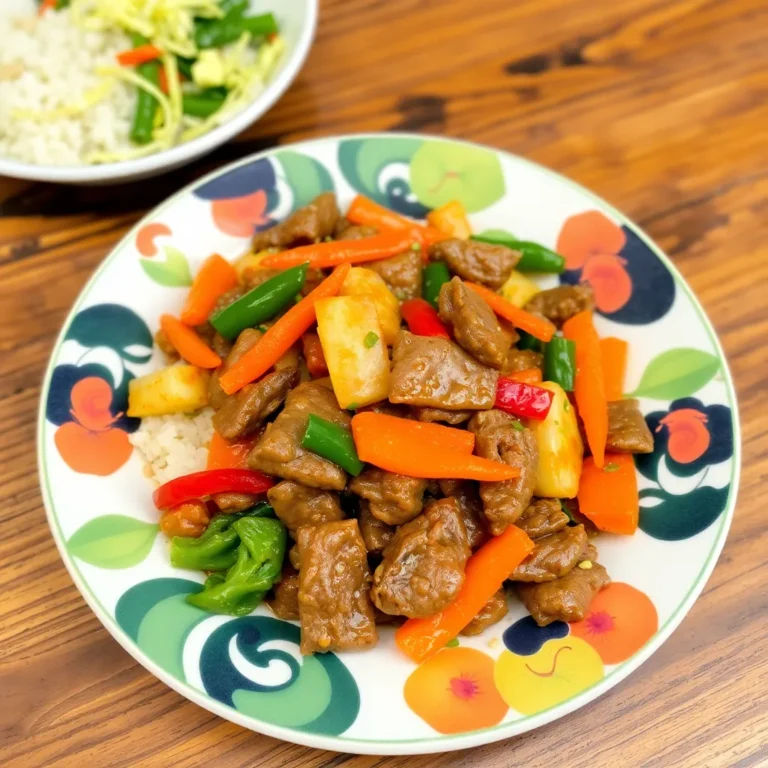 A vibrant beef stir-fry featuring tender slices of beef sautéed with colorful vegetables like bell peppers, broccoli, and snap peas, glazed with a savory soy-based sauce, and garnished with sesame seeds and chopped green onions.