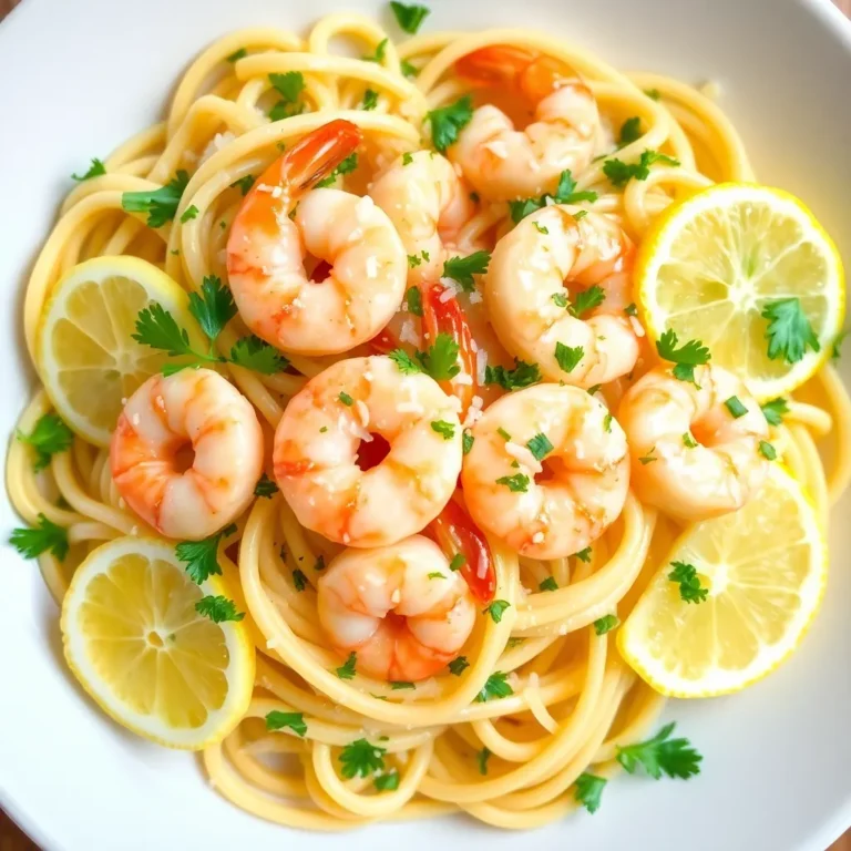 A plate of linguine pasta tossed with succulent shrimp sautéed in a savory garlic butter sauce, garnished with freshly grated Parmesan cheese and chopped parsley.