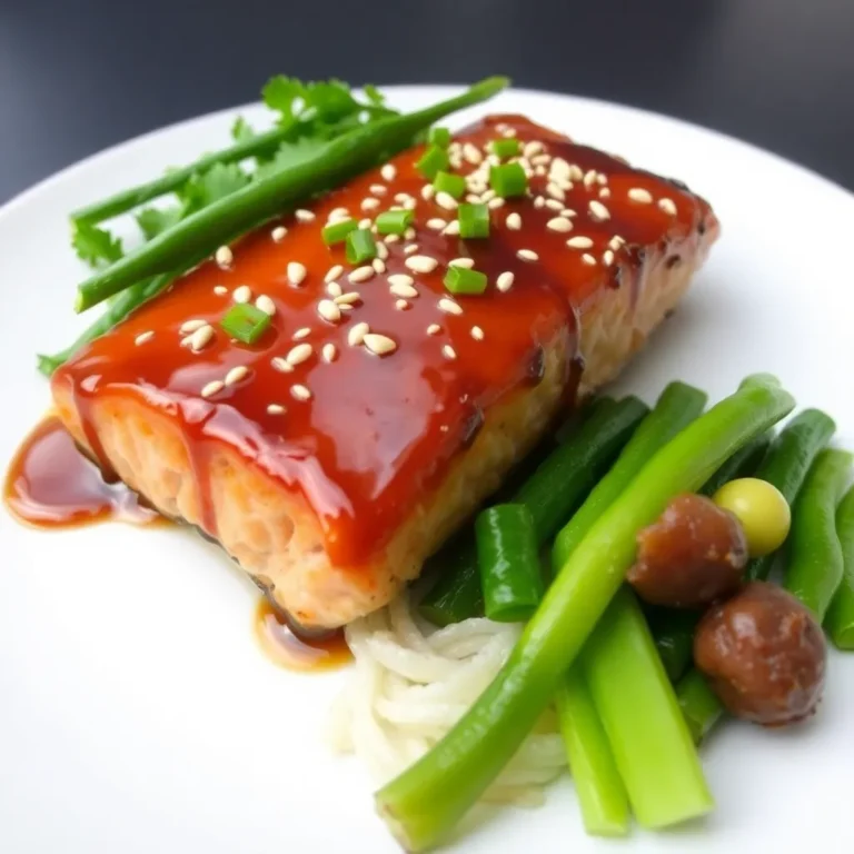 A perfectly cooked salmon fillet glazed with a rich honey and soy sauce, garnished with sesame seeds and chopped green onions, served alongside steamed vegetables.