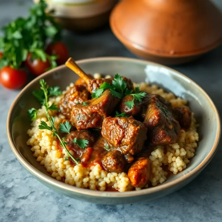 A traditional Moroccan lamb tagine featuring tender lamb pieces slow-cooked with dried apricots and prunes in a rich, spiced sauce, garnished with toasted almonds and fresh cilantro, served in a decorative tagine pot.