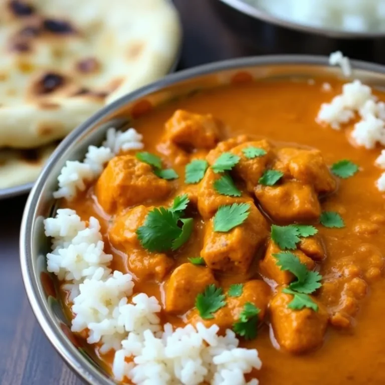 A bowl of creamy butter chicken featuring tender, marinated chicken pieces simmered in a rich tomato-based sauce, garnished with fresh cilantro, and served alongside basmati rice and naan bread.