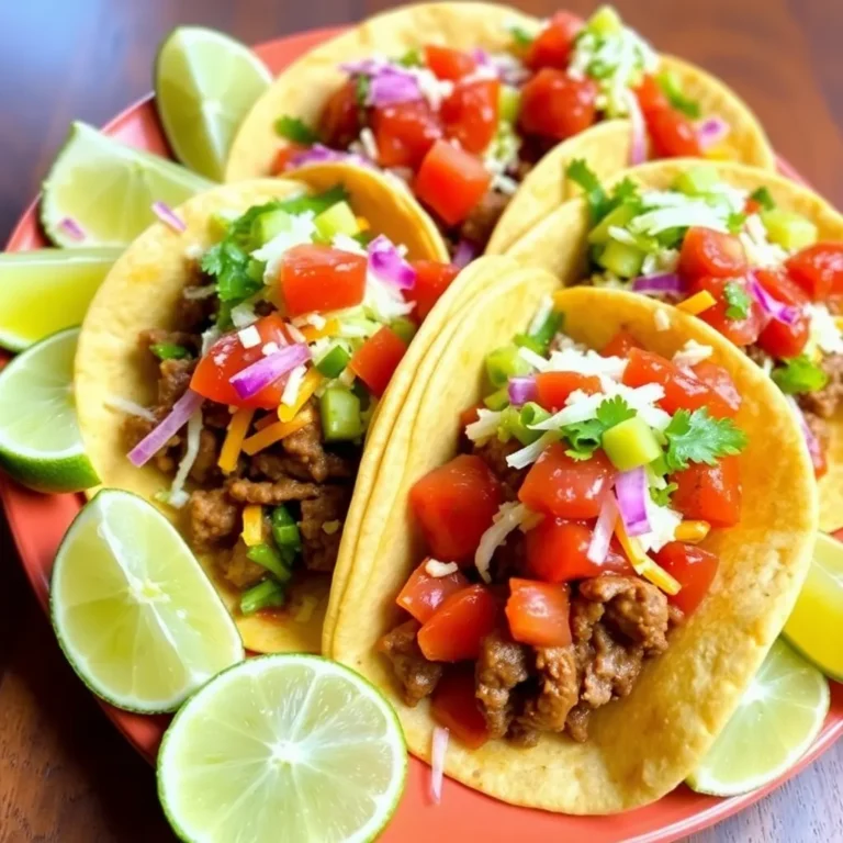 Three soft corn tortillas filled with seasoned ground beef, topped with fresh lettuce, diced tomatoes, shredded cheddar cheese, and a dollop of sour cream, garnished with cilantro and lime wedges.