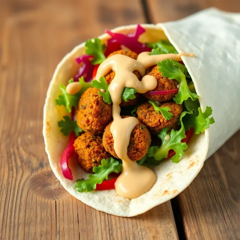 A warm pita wrap filled with crispy falafel balls, fresh lettuce, sliced tomatoes, red onions, and drizzled with creamy tahini sauce.