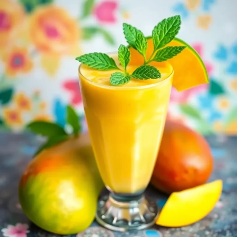 A tall glass of creamy mango lassi garnished with a sprinkle of ground cardamom and a fresh mint leaf, served alongside ripe mango slices.