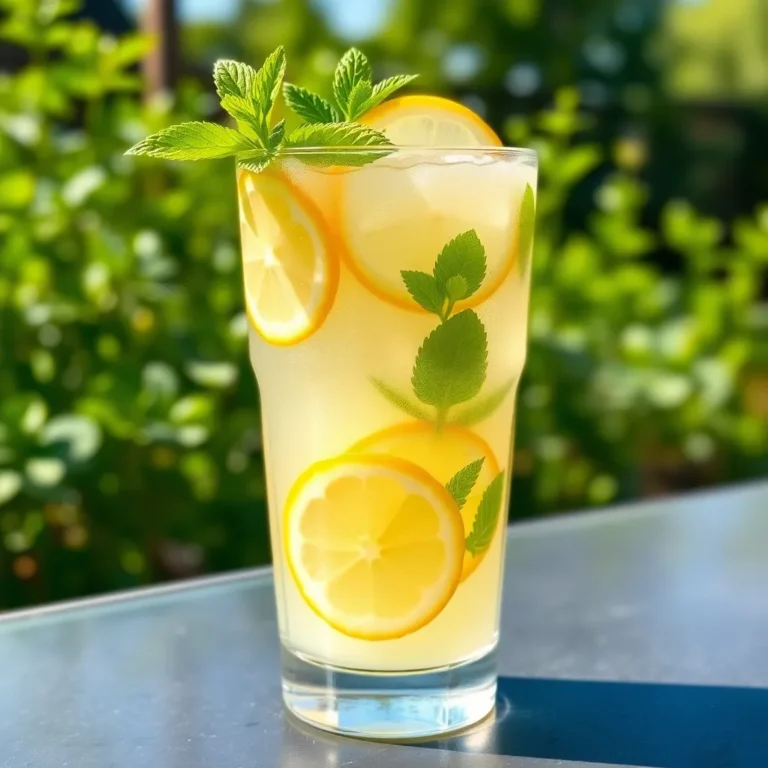 A refreshing glass of mint lemonade garnished with fresh mint leaves and a lemon slice, served over ice.