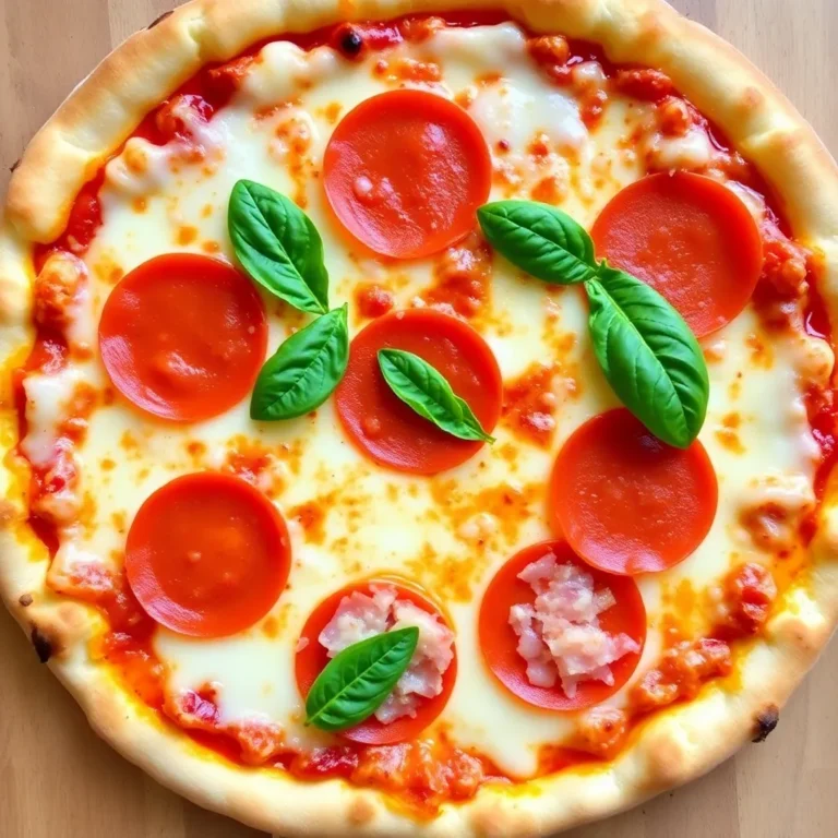 A classic pepperoni pizza with a golden-brown crust, topped with melted mozzarella cheese and evenly spaced pepperoni slices, garnished with fresh basil leaves.