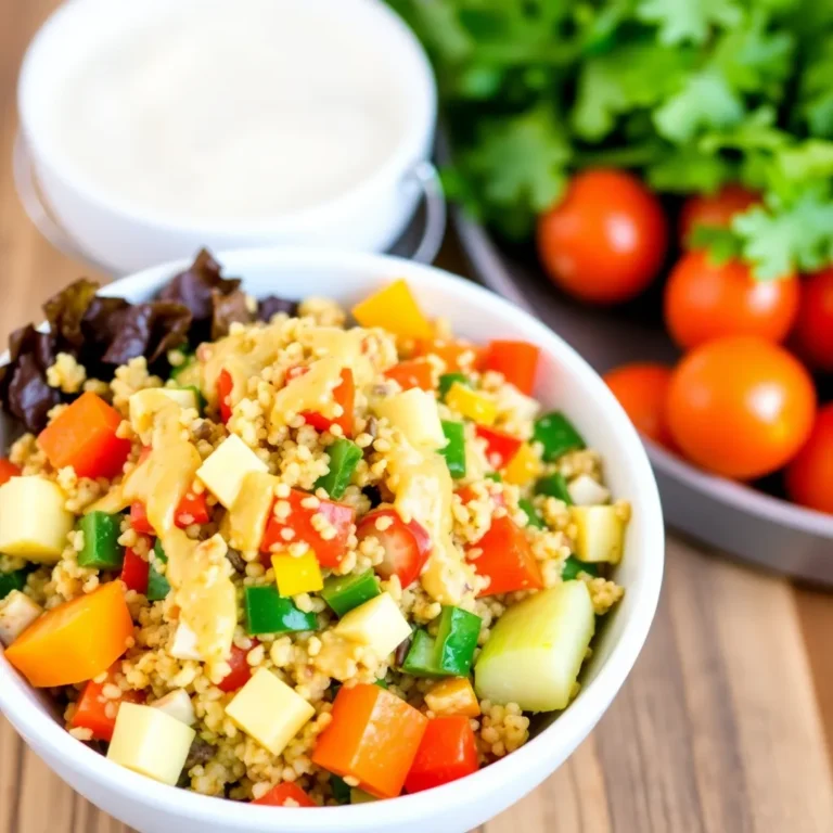 A vibrant quinoa salad featuring a medley of colorful vegetables such as diced bell peppers, cucumbers, and cherry tomatoes, tossed with fresh herbs and a light lemon vinaigrette.