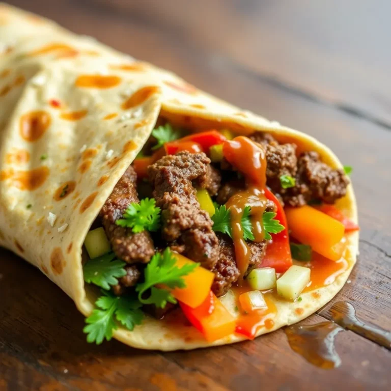 A flavorful beef shawarma wrap filled with seasoned beef slices, fresh vegetables, and drizzled with creamy tzatziki sauce, all encased in warm pita bread.