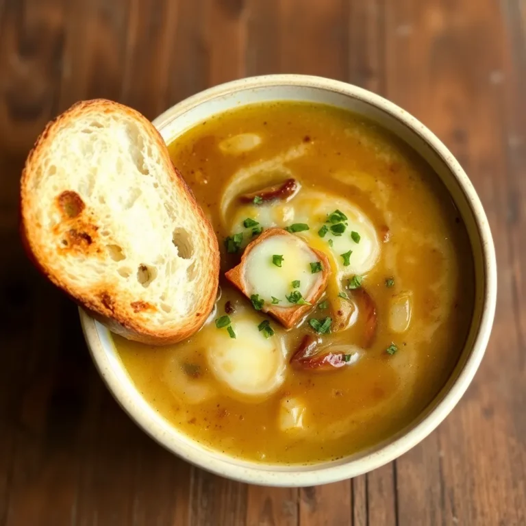 A bowl of classic French onion soup topped with a slice of toasted baguette and melted Gruyère cheese, garnished with fresh thyme.