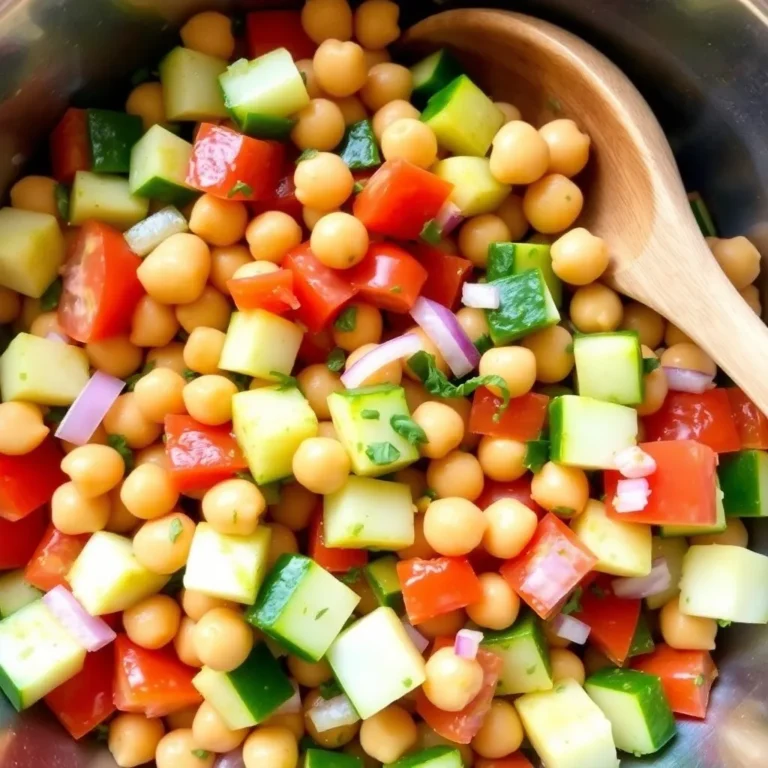 A vibrant chickpea salad featuring fresh vegetables like cherry tomatoes, cucumbers, red onions, and bell peppers, tossed in a zesty lemon-herb dressing.