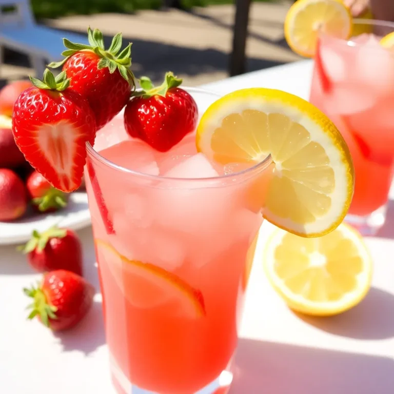 A refreshing glass of strawberry lemonade garnished with fresh strawberry slices and a lemon wheel, served over ice.