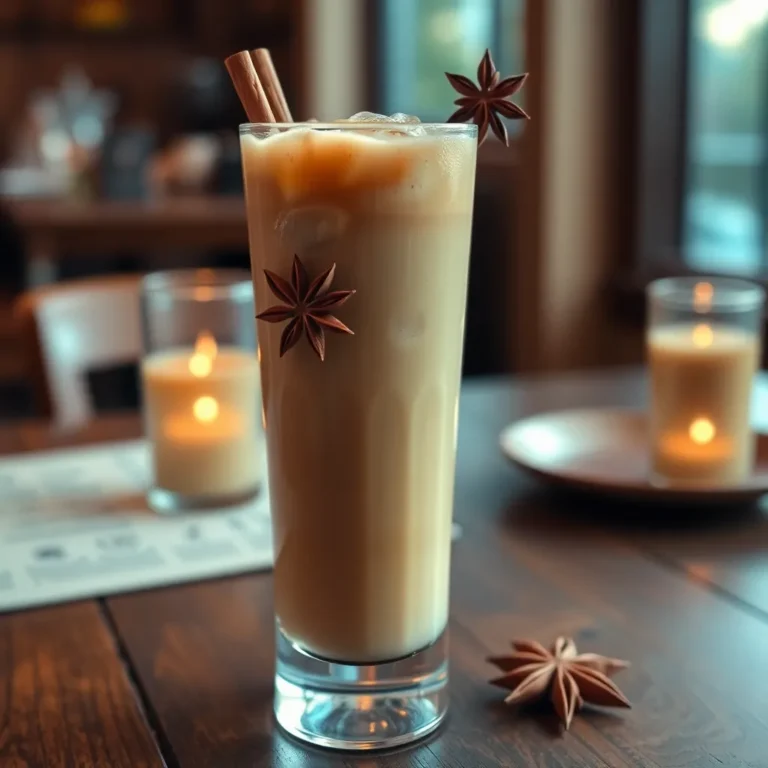 A tall glass of iced chai latte filled with ice cubes, topped with a sprinkle of ground cinnamon, and accompanied by a cinnamon stick.