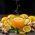 A steaming cup of ginger lemon tea garnished with a slice of fresh lemon and a sprig of mint, accompanied by a jar of honey.