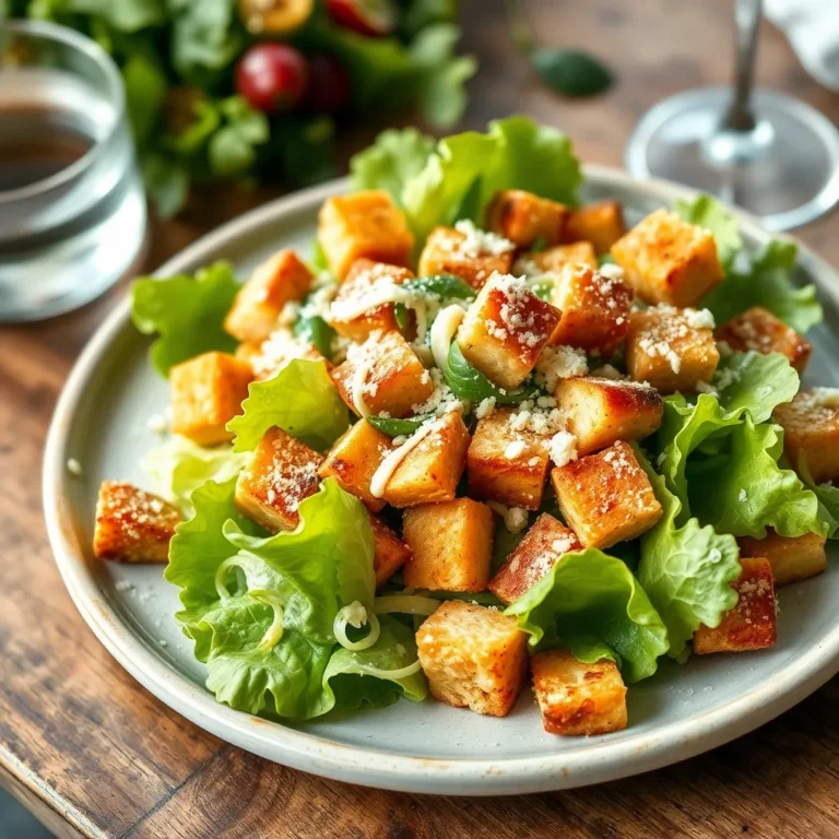 A classic Caesar salad featuring crisp romaine lettuce, crunchy garlic croutons, and shaved Parmesan cheese, all tossed in a creamy Caesar dressing.