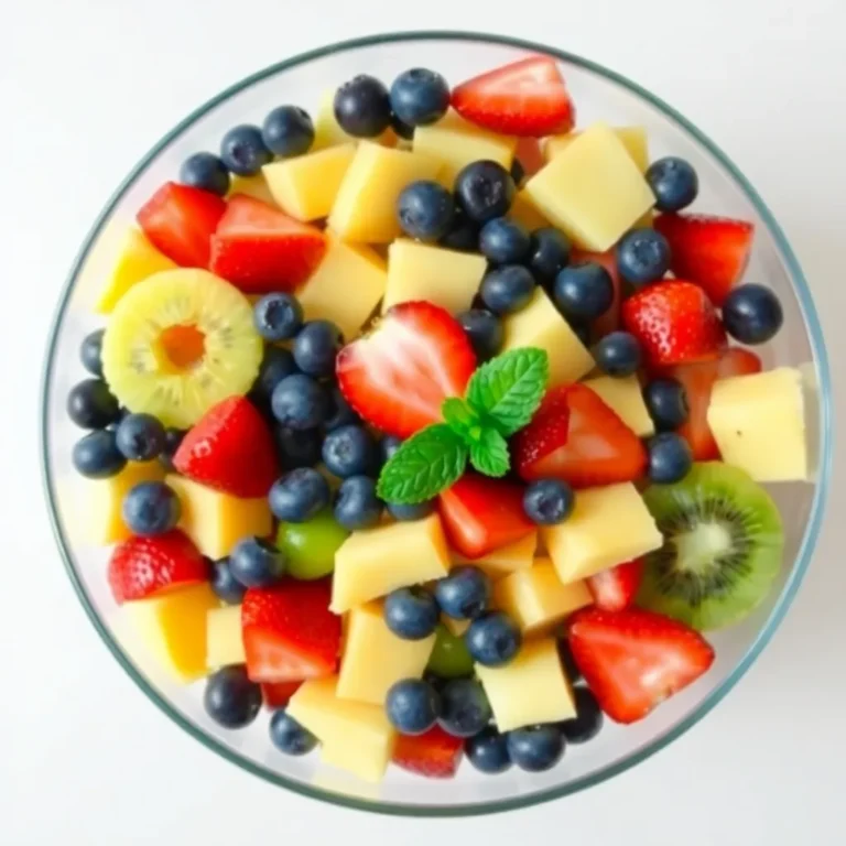 A vibrant summer fruit salad featuring a medley of fresh strawberries, blueberries, kiwi slices, and mango chunks, tossed in a light honey-lime dressing.