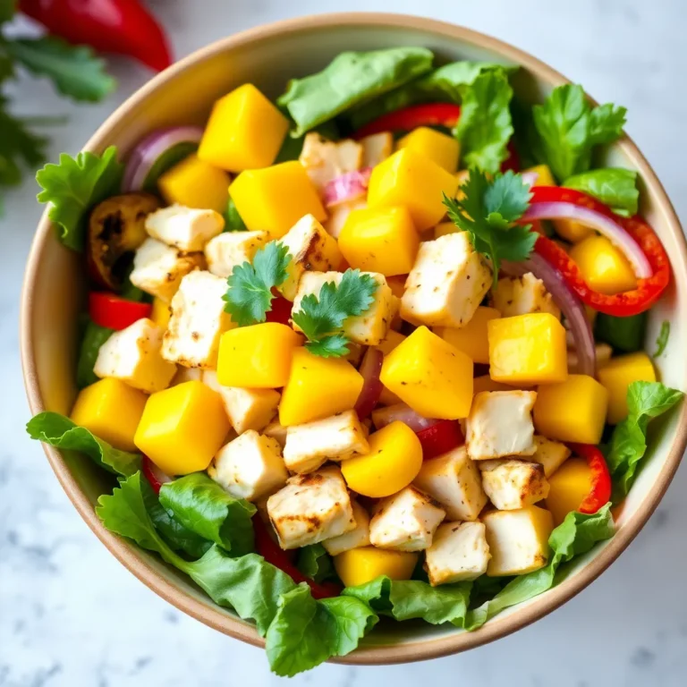 A vibrant salad featuring grilled chicken breast slices, juicy mango chunks, creamy avocado, crisp mixed greens, and cherry tomatoes, all drizzled with a tangy mango dressing.