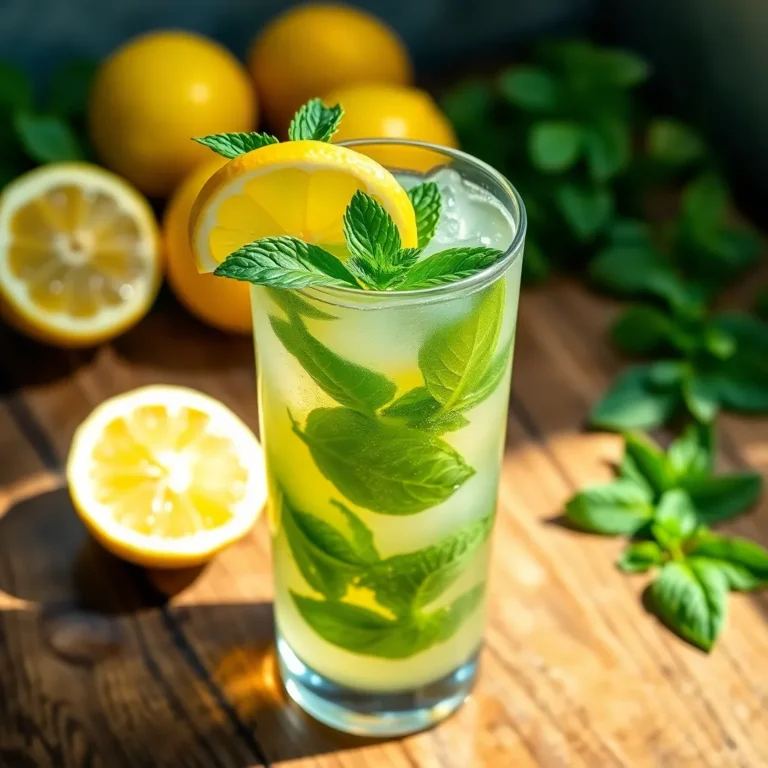 A refreshing glass of zesty mint lemonade garnished with fresh mint leaves and a lemon slice, served over ice.