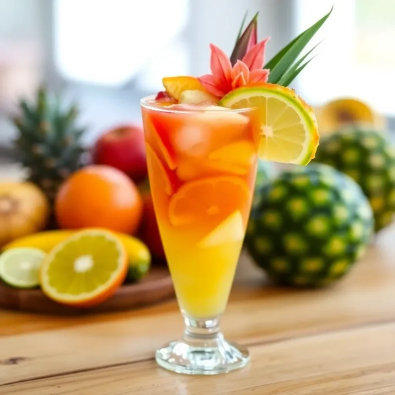 A refreshing glass of tropical fruit punch garnished with vibrant slices of orange, pineapple, and maraschino cherries, served over ice.