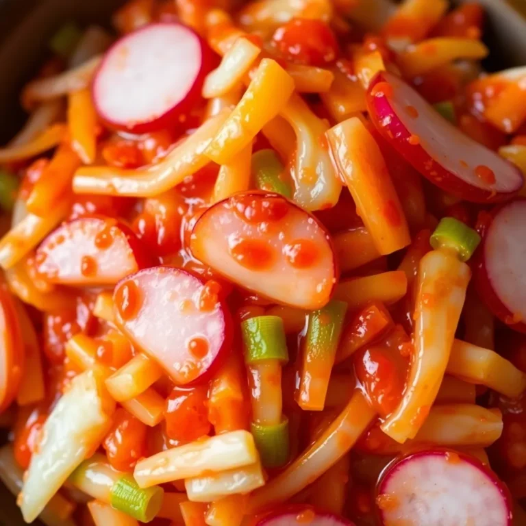 A jar of homemade kimchi showcasing vibrant red fermented napa cabbage and radish, seasoned with Korean red pepper flakes, garlic, and ginger.