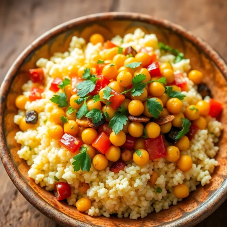 A vibrant bowl of Moroccan couscous topped with spiced roasted vegetables and tender chickpeas, garnished with fresh herbs.