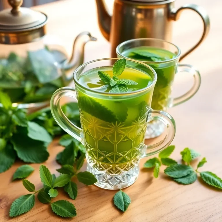 Traditional Moroccan mint tea served in ornate glasses on a silver tray, accompanied by a polished teapot and fresh mint leaves.