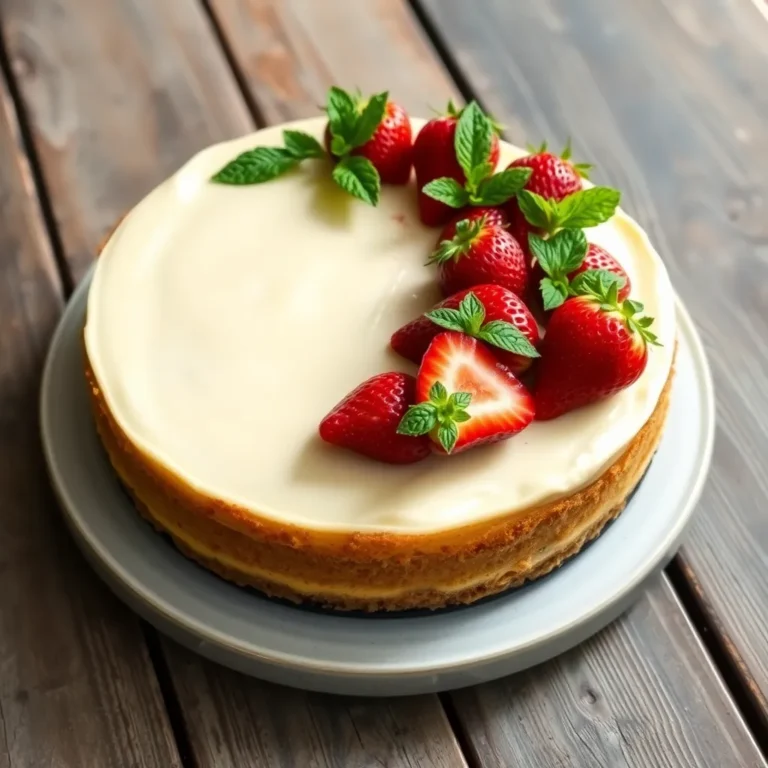 A rich and creamy vanilla cheesecake with a smooth, golden-brown top, resting on a buttery graham cracker crust, garnished with a fresh strawberry slice.