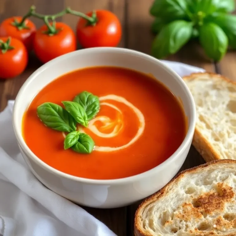 A bowl of creamy roasted garlic tomato soup garnished with fresh basil leaves, accompanied by a slice of crusty bread.