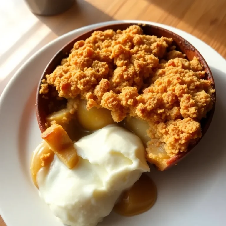 A warm serving of apple crumble with a golden, crisp oat topping over tender, cinnamon-spiced apples, accompanied by a scoop of melting vanilla ice cream.