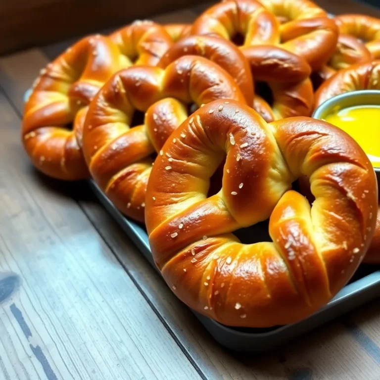 Freshly baked soft pretzels with a golden-brown crust, sprinkled with coarse salt, resting on a wooden board—perfect for a chewy and flavorful homemade snack.