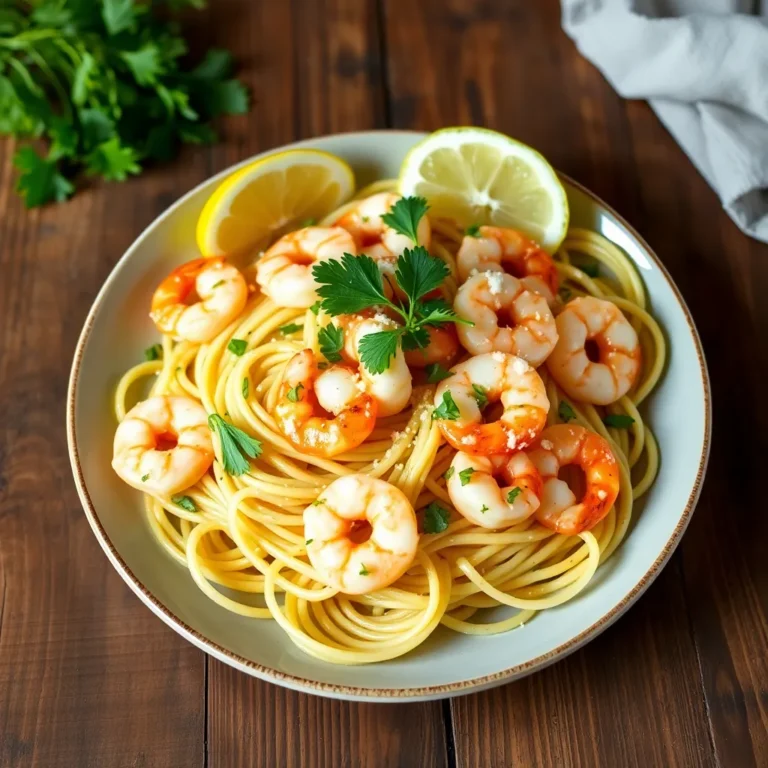 A plate of linguine pasta tossed with succulent shrimp sautéed in a zesty lemon-garlic sauce, garnished with freshly chopped parsley and lemon zest.