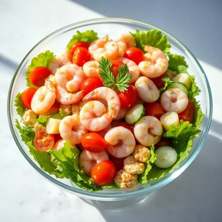 A vibrant seafood salad featuring plump shrimp, tender crab meat, crisp celery, and diced red onions, all tossed in a zesty lemon-herb dressing and garnished with fresh parsley.