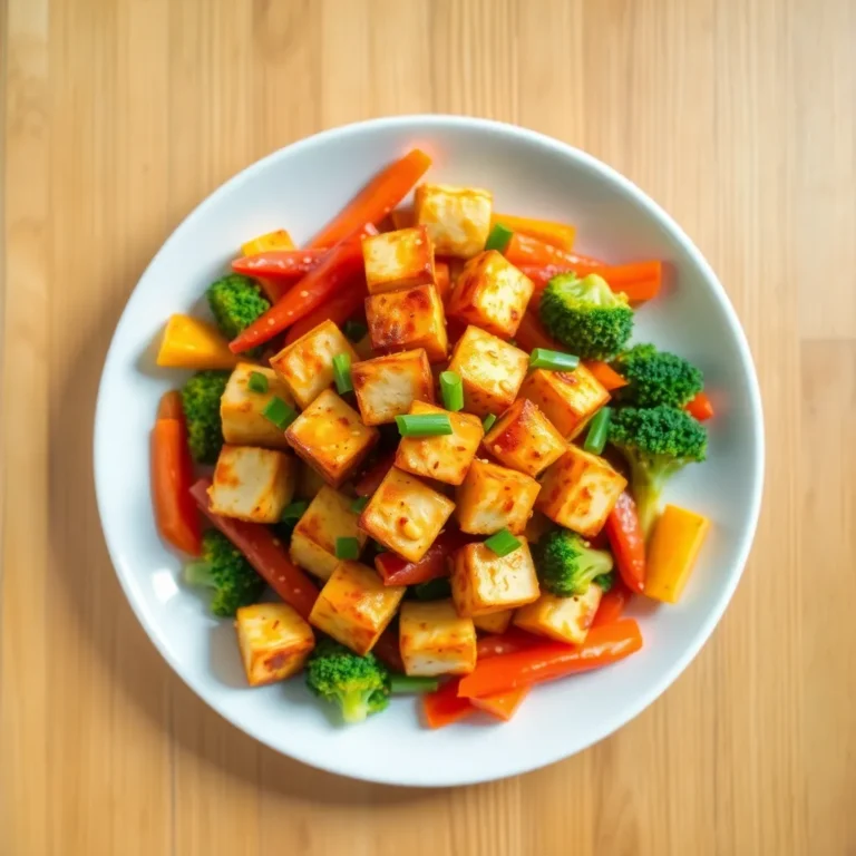 A vibrant stir-fry featuring crispy tofu cubes and colorful vegetables like bell peppers, broccoli, and carrots, glazed with a savory soy-garlic sauce, and garnished with sesame seeds and chopped green onions.