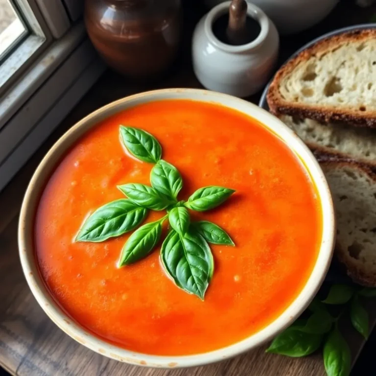 A bowl of creamy tomato basil soup garnished with fresh basil leaves, served alongside a grilled cheese sandwich on a wooden board.