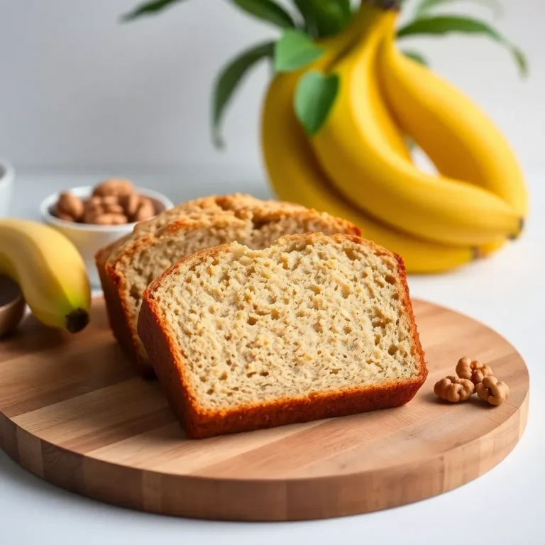 A moist and flavorful banana bread loaf with a golden-brown crust, sliced to reveal its tender interior, showcasing bits of ripe banana and chopped walnuts.