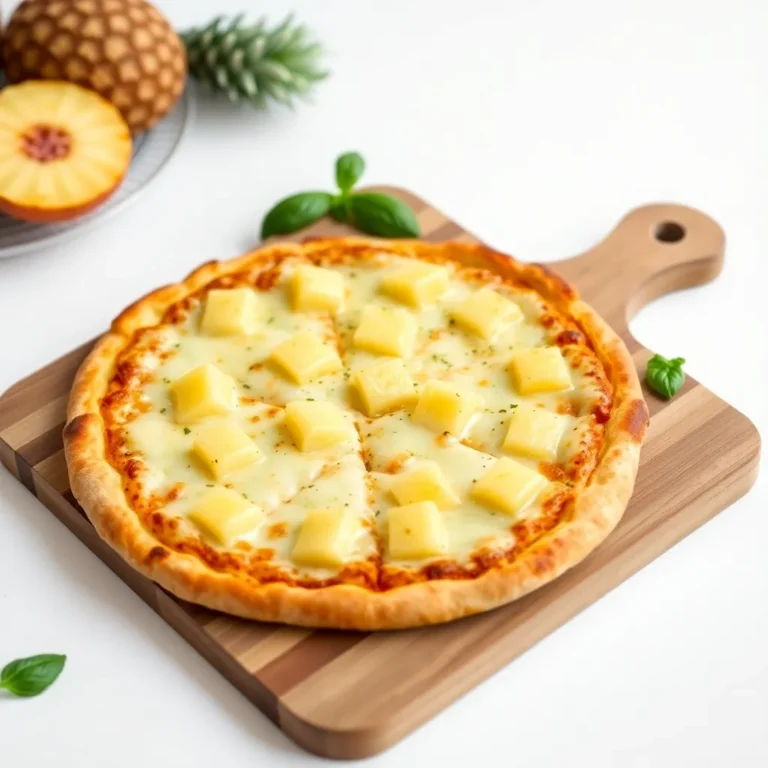 Freshly baked pineapple pizza topped with melted mozzarella, savory ham, and caramelized pineapple chunks, served on a wooden board.