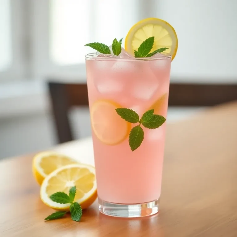 A refreshing glass of rosewater lemonade garnished with fresh lemon slices and rose petals, served over ice.