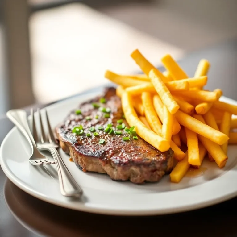 A sizzling medium-rare steak topped with herb butter, accompanied by a generous serving of crispy golden French fries, garnished with fresh parsley.