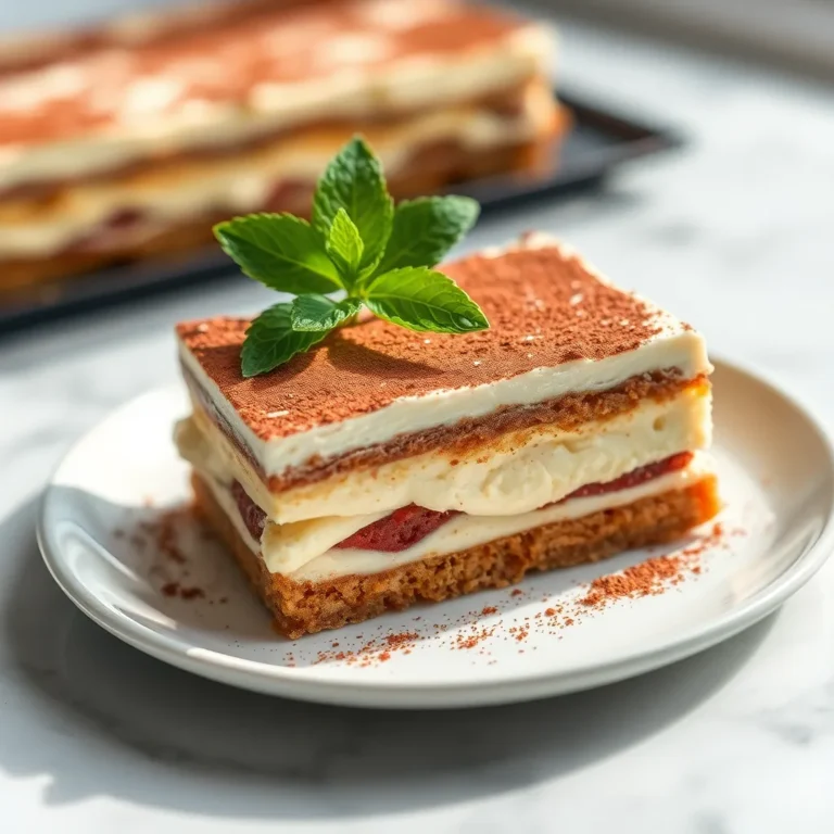 A classic Italian tiramisu dessert featuring layers of coffee-soaked ladyfingers and creamy mascarpone filling, dusted with cocoa powder and garnished with dark chocolate shavings.