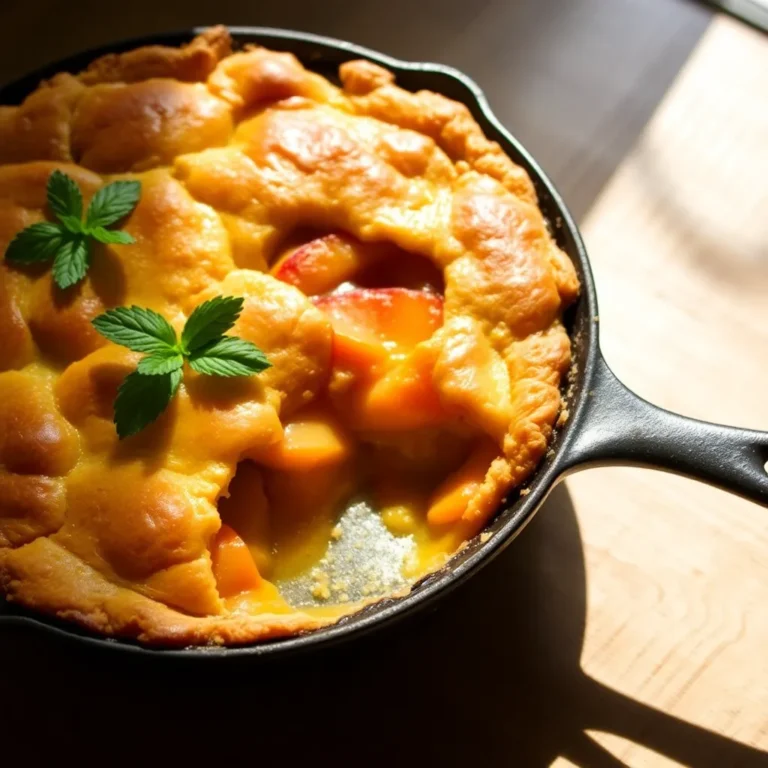 A warm serving of peach cobbler featuring tender, juicy peaches beneath a golden-brown, flaky crust, topped with a scoop of melting vanilla ice cream.