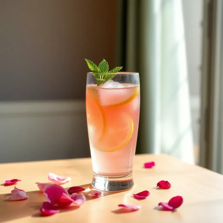 A refreshing glass of rosewater lemonade garnished with lemon slices and floating rose petals, served over ice.