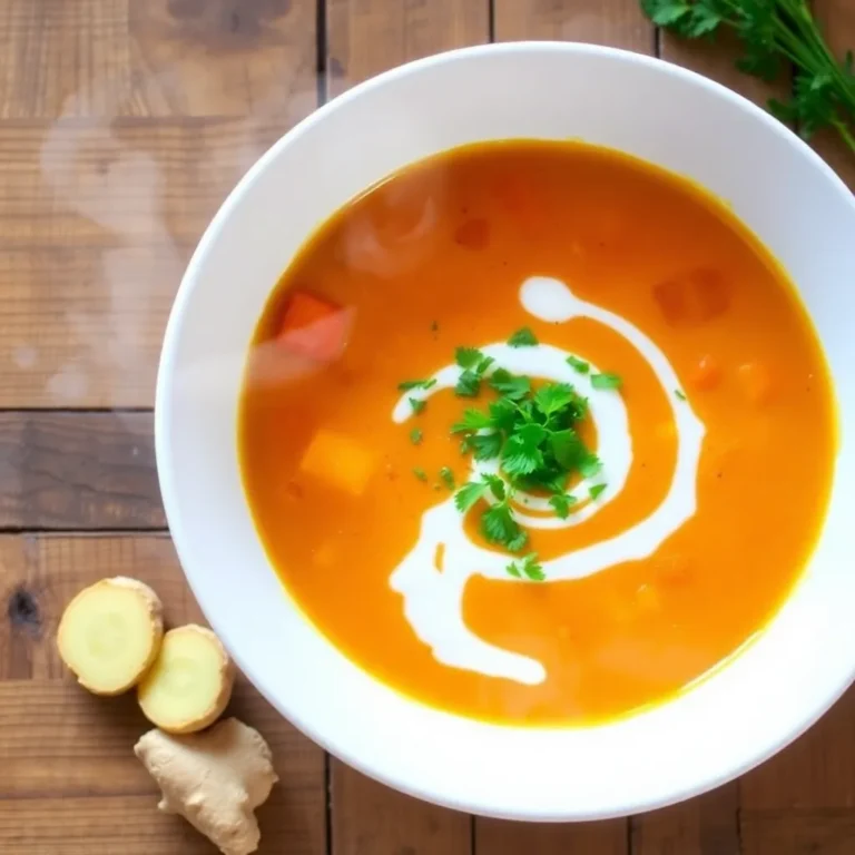 A warm bowl of spicy carrot ginger soup garnished with a swirl of coconut cream and fresh cilantro, accompanied by a slice of crusty bread.