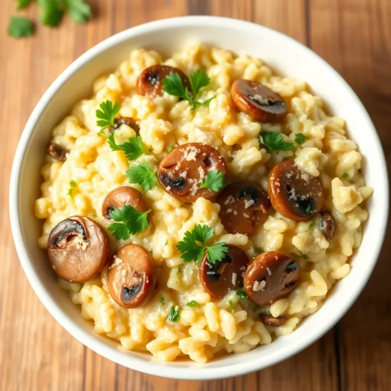 A bowl of creamy mushroom risotto topped with sautéed wild mushrooms and freshly grated Parmesan cheese, garnished with chopped parsley.