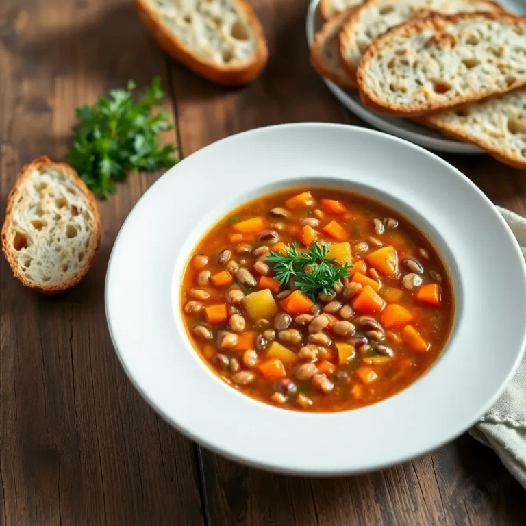 A warm bowl of hearty lentil soup filled with tender lentils, diced carrots, celery, and onions in a savory broth, garnished with fresh parsley.