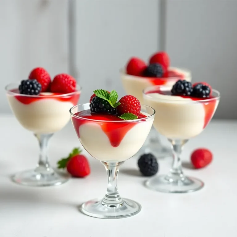 A delicate vanilla panna cotta topped with a vibrant mixed berry sauce, garnished with fresh raspberries and a sprig of mint.