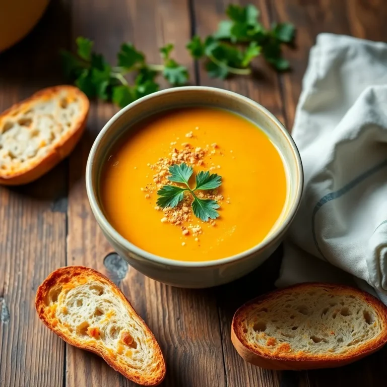 A warm bowl of creamy butternut squash soup, garnished with a swirl of cream and a sprinkle of nutmeg, served with crusty bread.