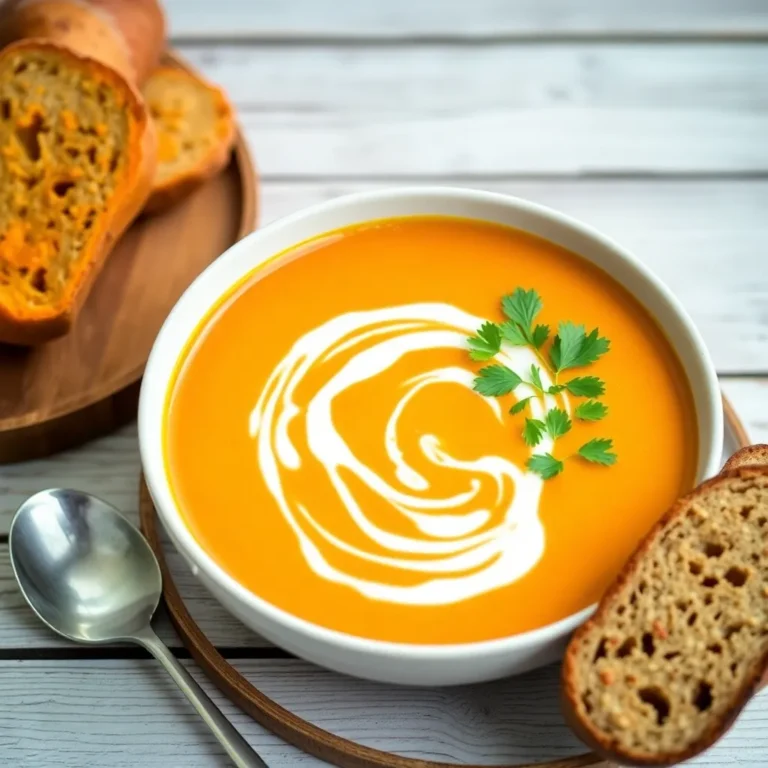 A bowl of creamy sweet potato soup infused with coconut milk, garnished with a swirl of coconut cream and fresh cilantro, accompanied by a slice of crusty bread.