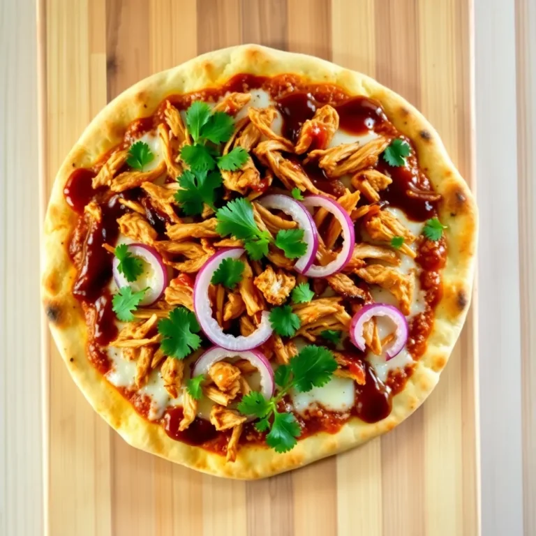 BBQ chicken pizza with a crispy crust, topped with melted mozzarella and gouda cheeses, tender grilled chicken pieces, red onion slices, and fresh cilantro.